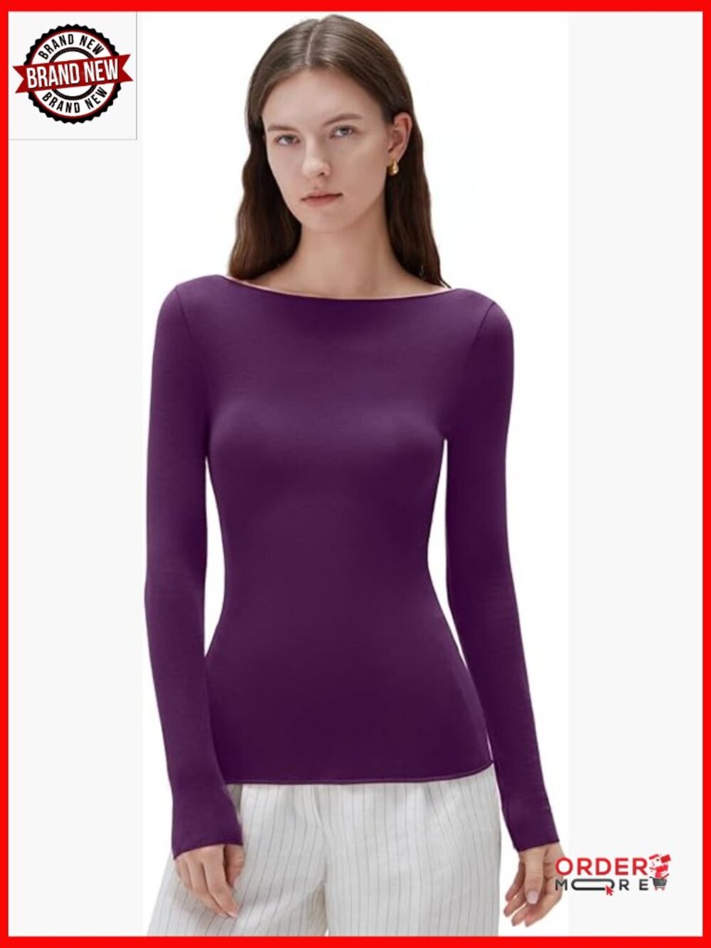 Women Boat Neck Long Sleeve Knit Top - Soft Cashmere Blend